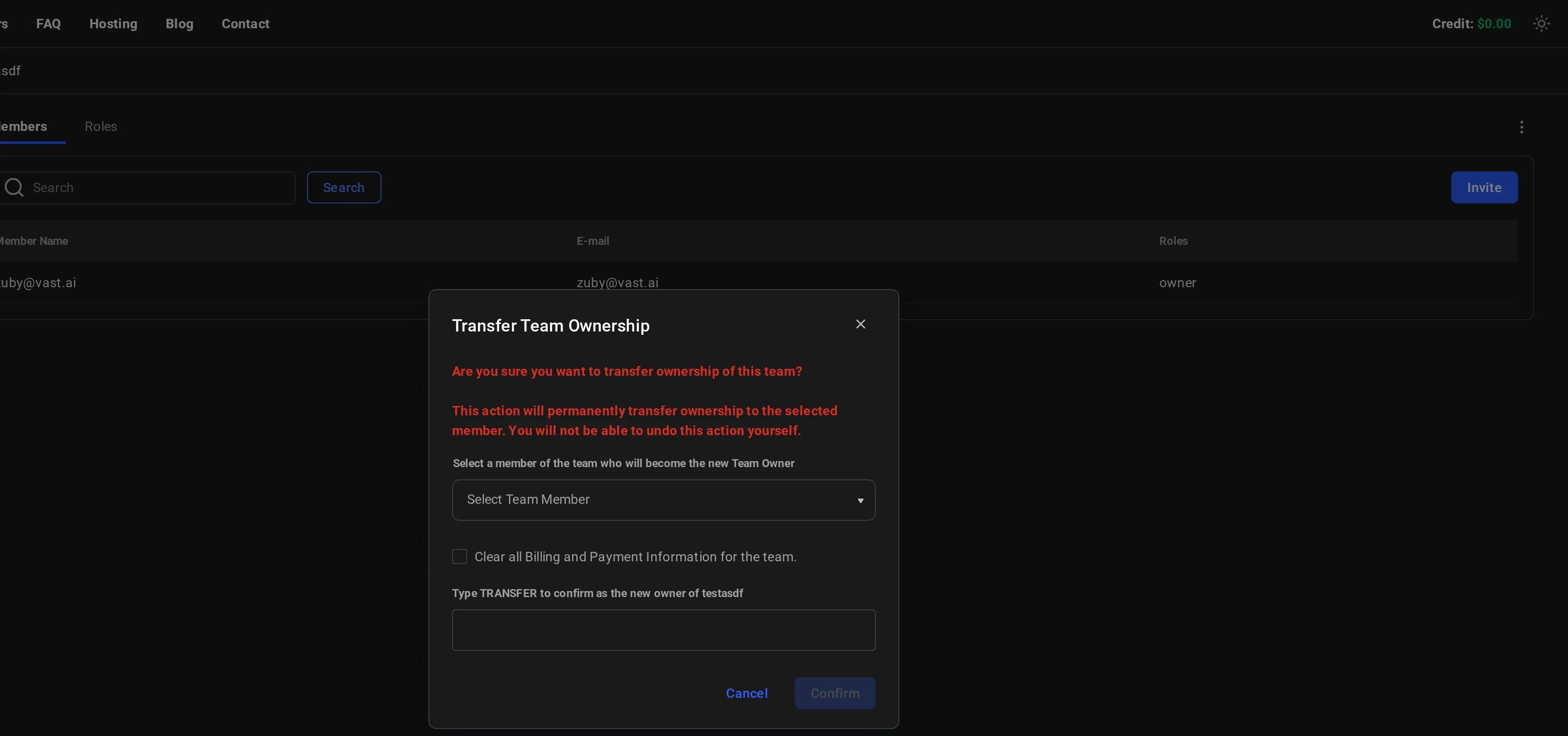 Transfer Team Ownership pop-up