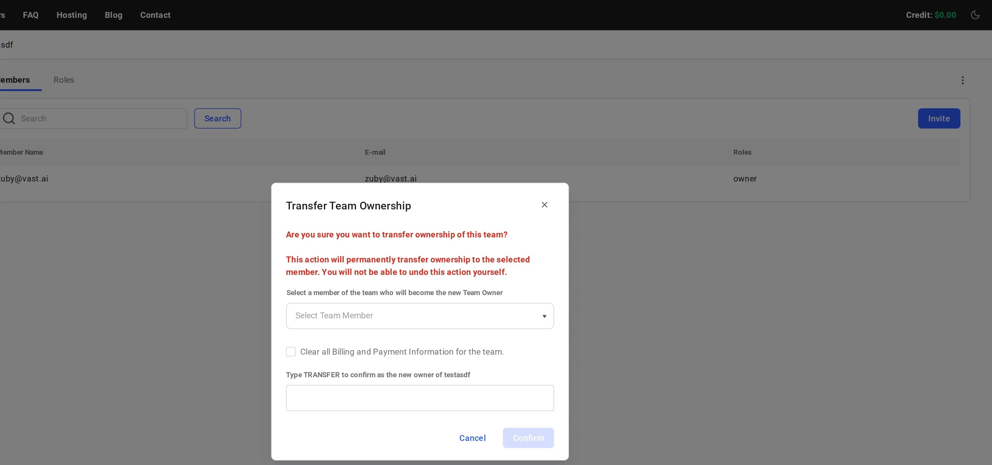 Transfer Team Ownership pop-up