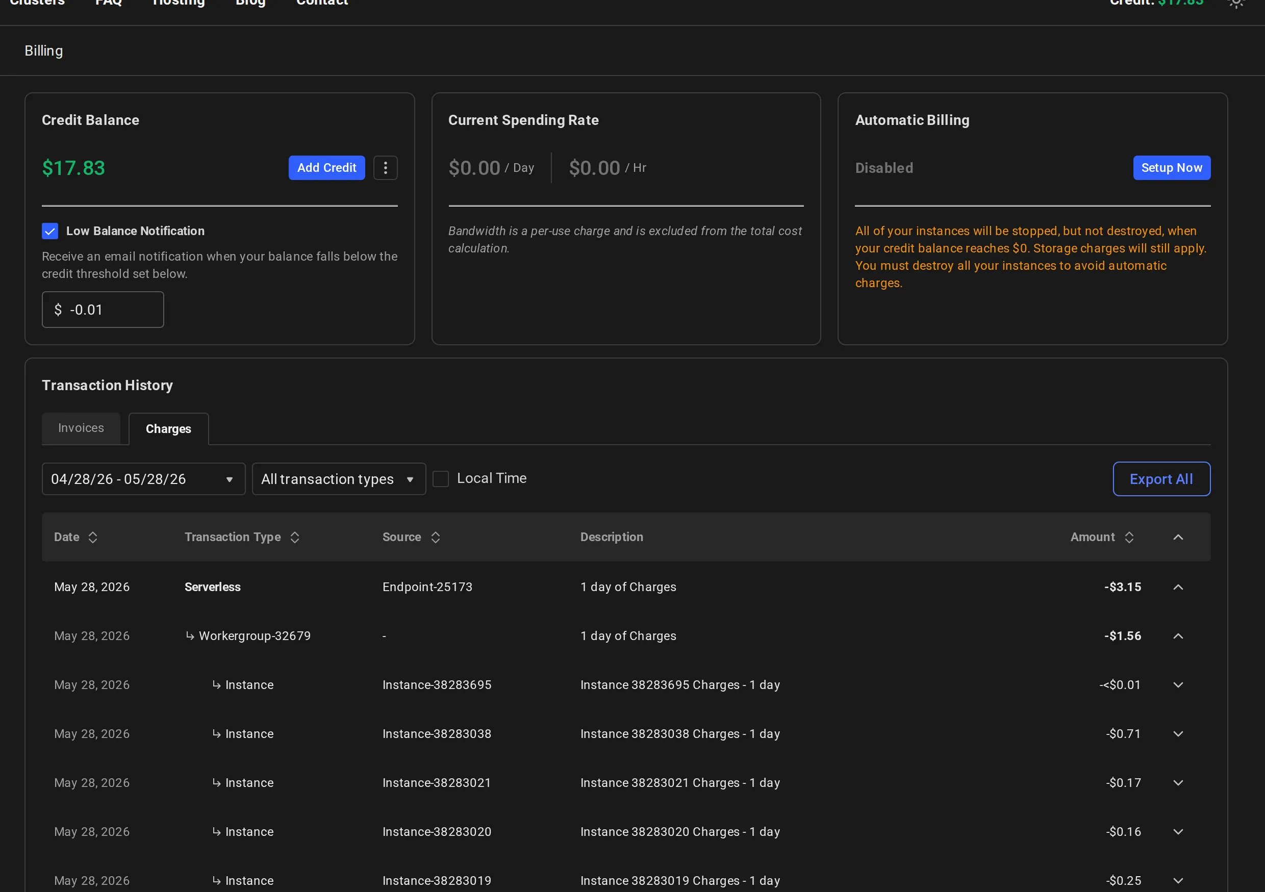 Charges tab of the Transaction History table