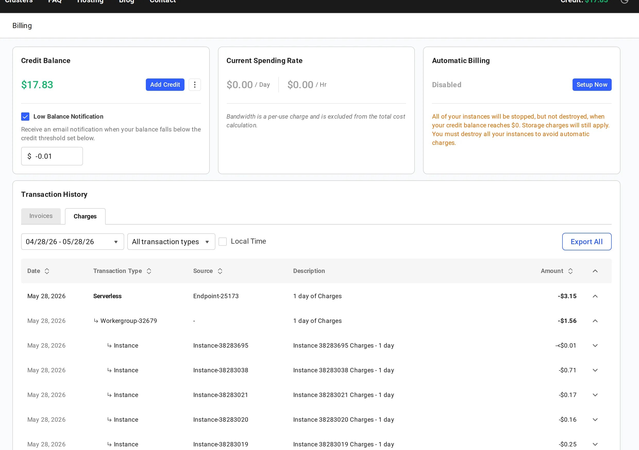 Charges tab of the Transaction History table