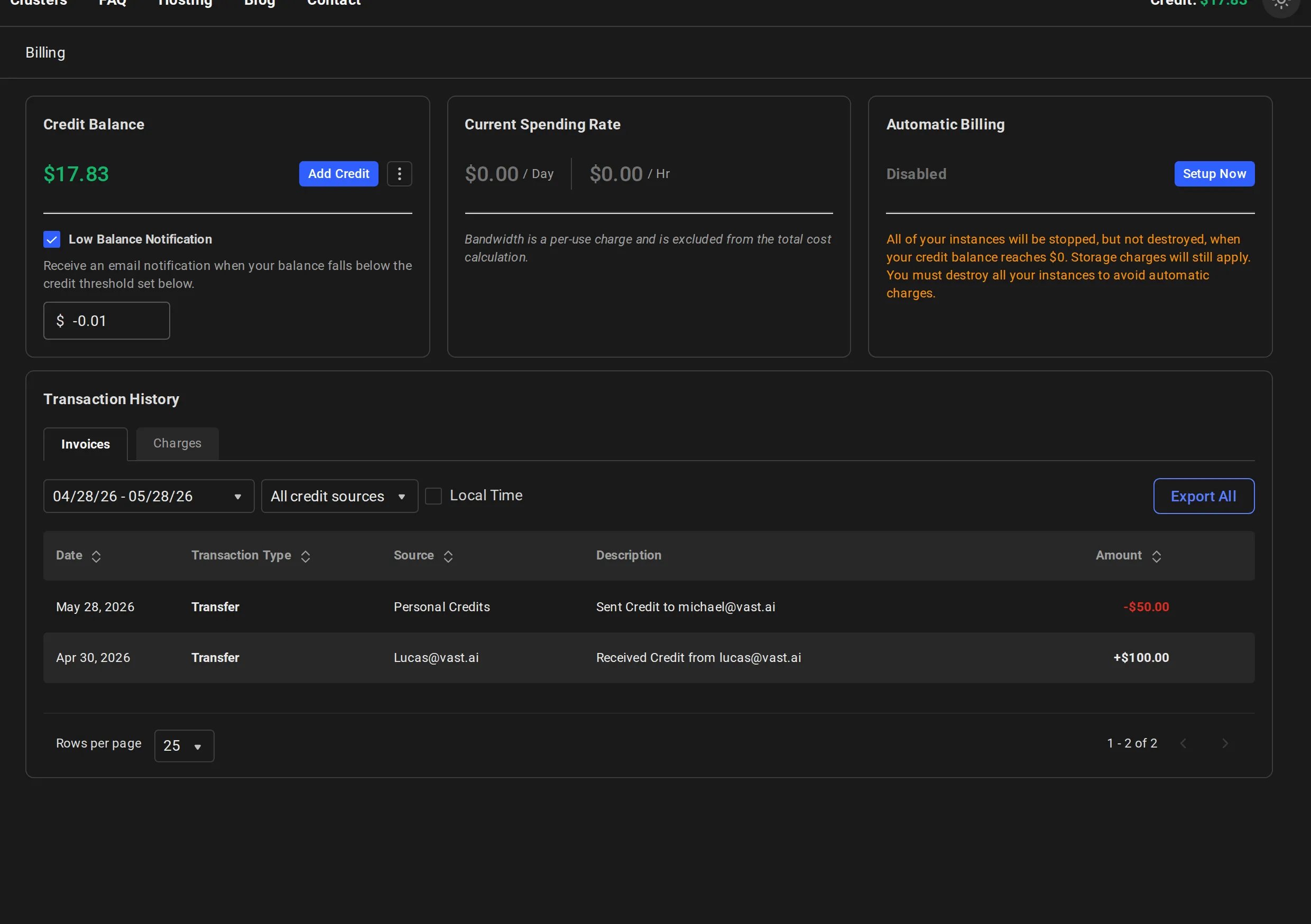 Invoices tab of the Transaction History table