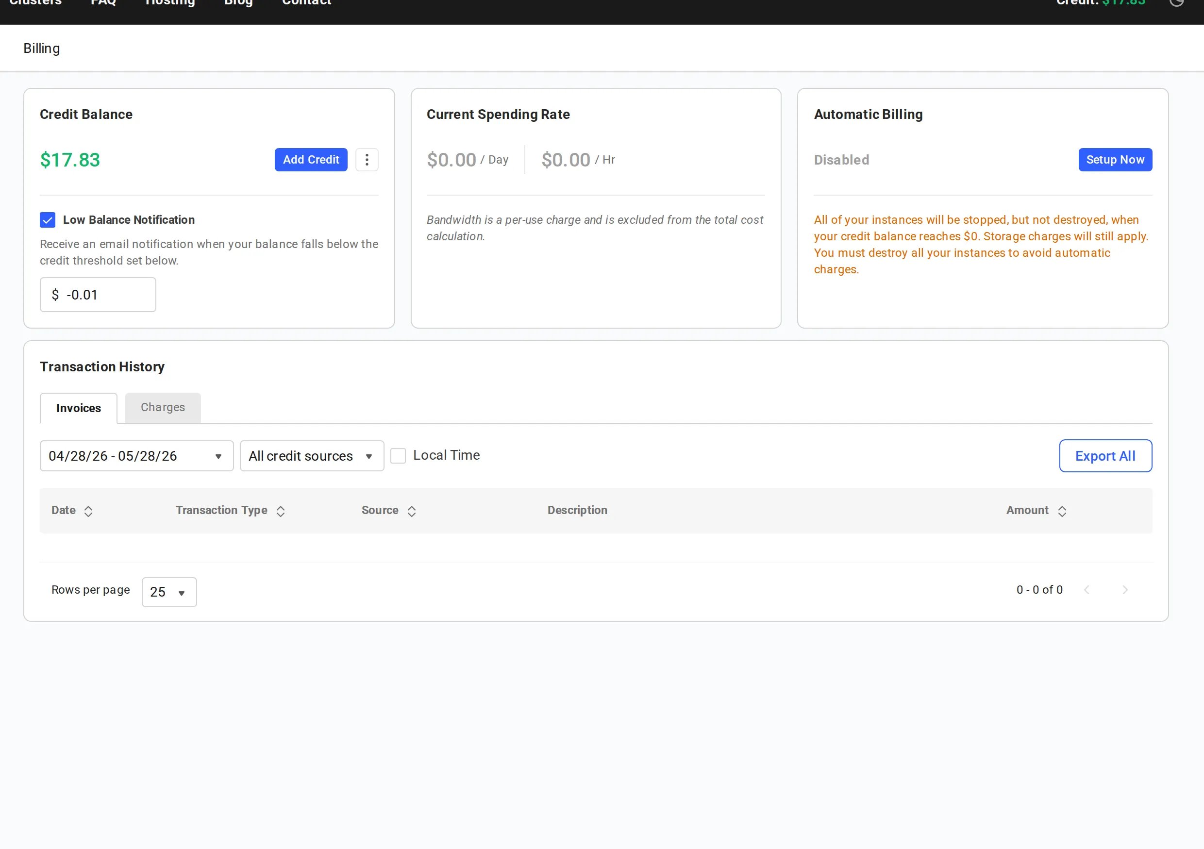 Invoices tab of the Transaction History table