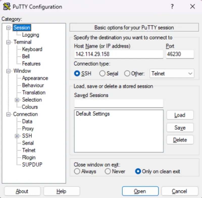 PuTTY session tab