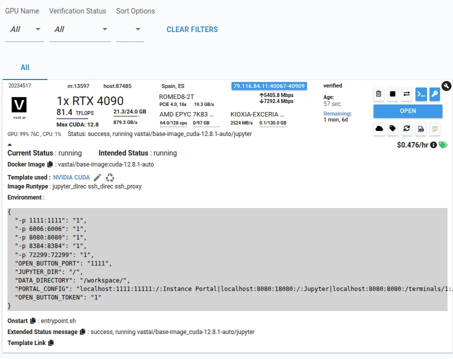 Instance view with blue open button