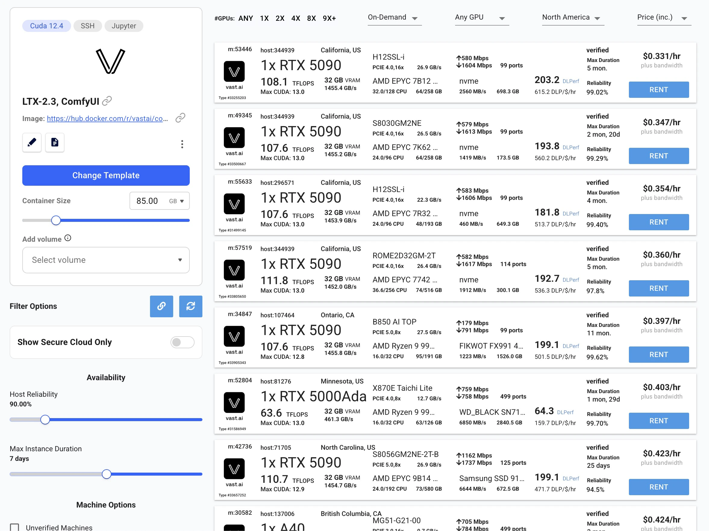 Vast.ai console showing available RTX 5090 instances with the LTX-2.3 ComfyUI template