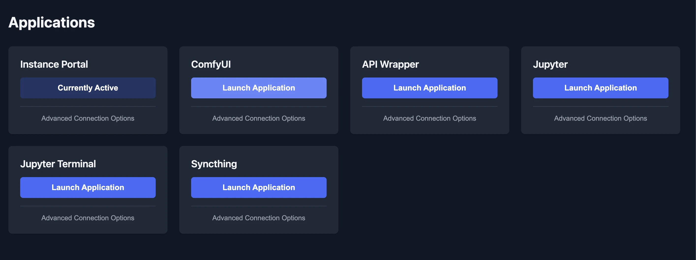 Instance Portal showing ComfyUI, API Wrapper, Jupyter, and other services