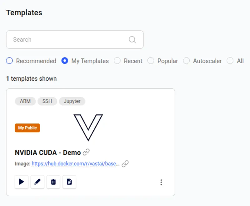 My templates showing the NVIDIA CUDA - Demo template
