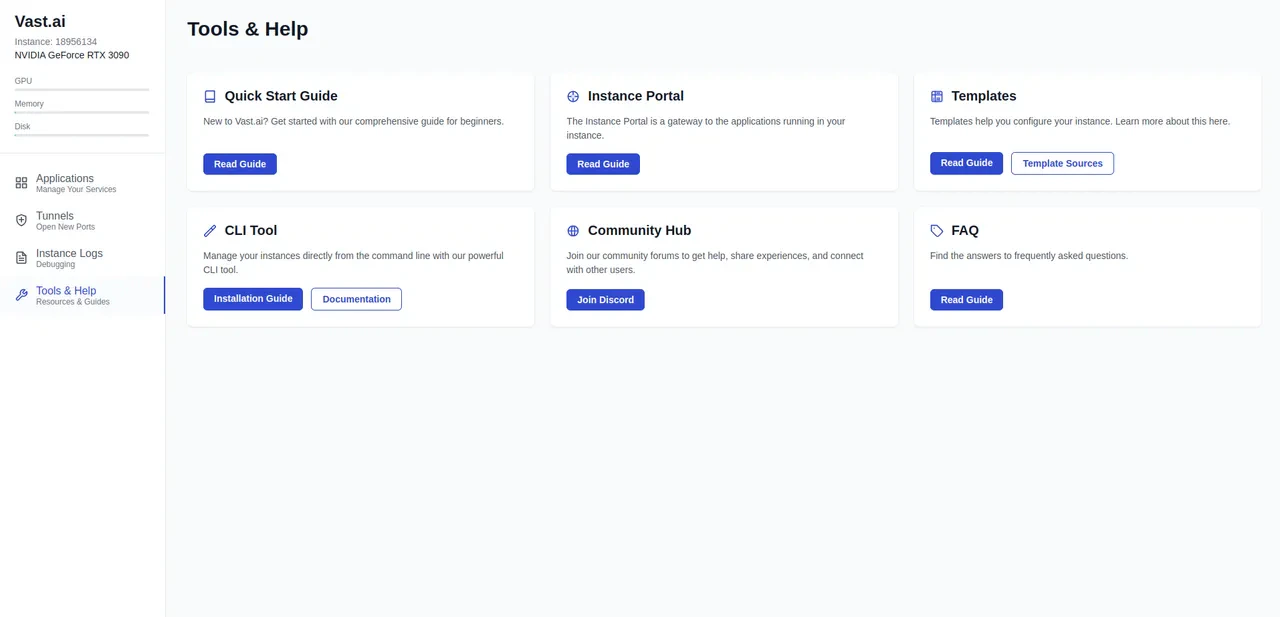 Instance Portal tools and help page