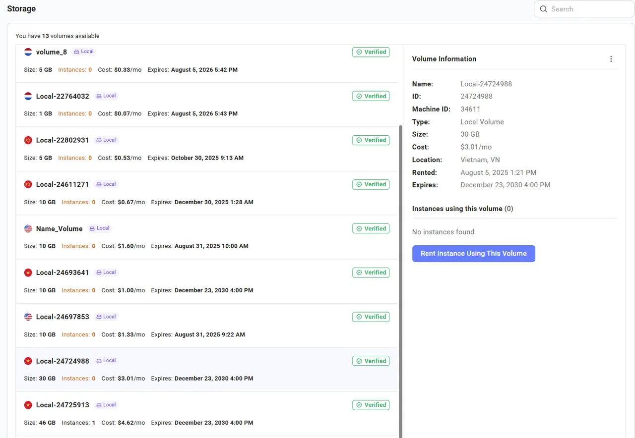 Rent instance using this volume