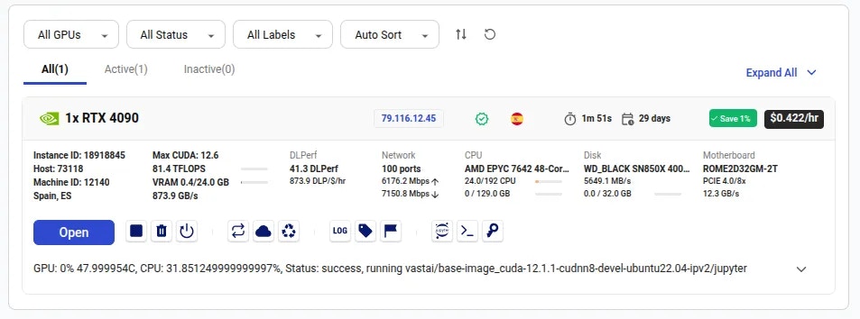 Instance card interface shows the open button