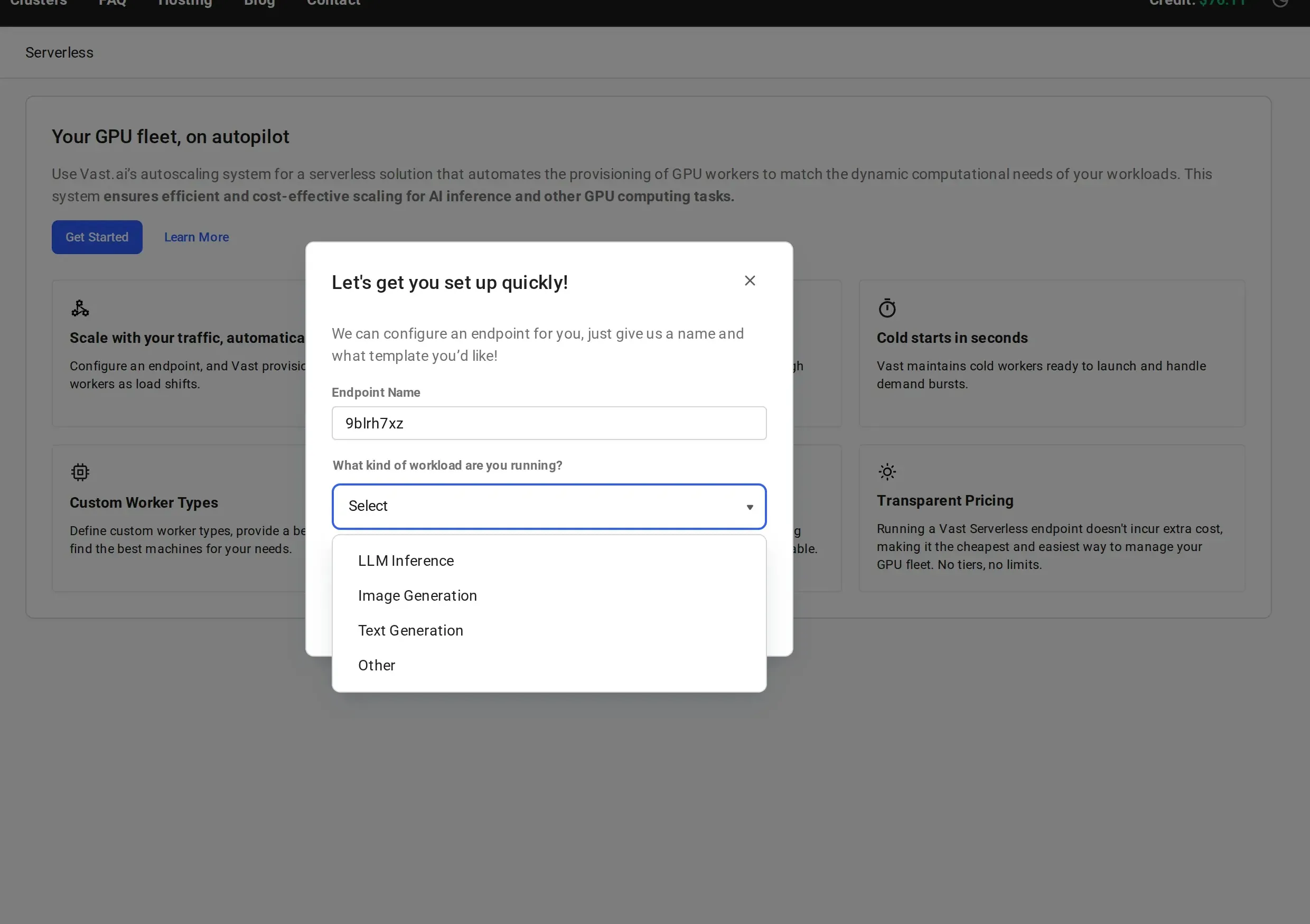 Workload type dropdown