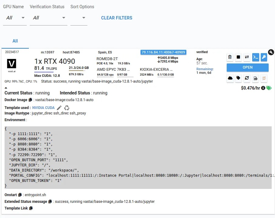 Instance view with blue open button