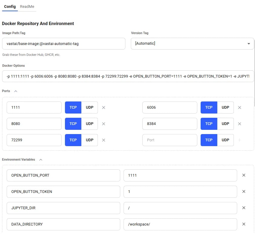 Docker section of the template editor