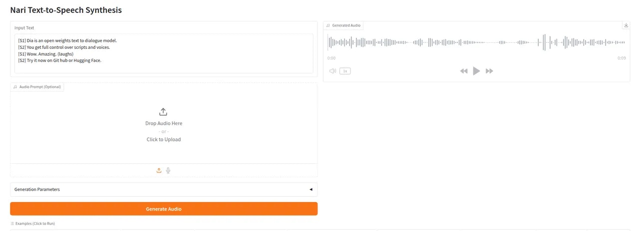 Gradio application for speech generation with Dia TTS model