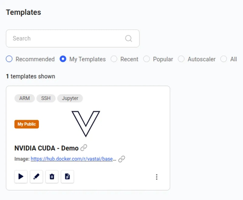 My templates showing the NVIDIA CUDA - Demo template