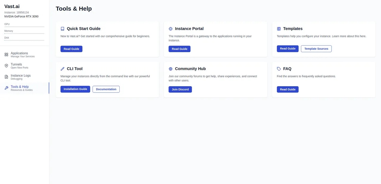 Instance Portal tools and help page