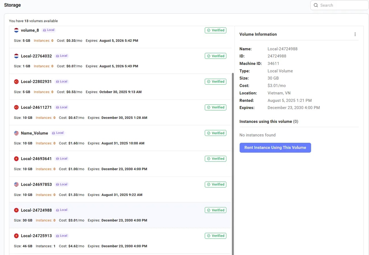 Rent instance using this volume