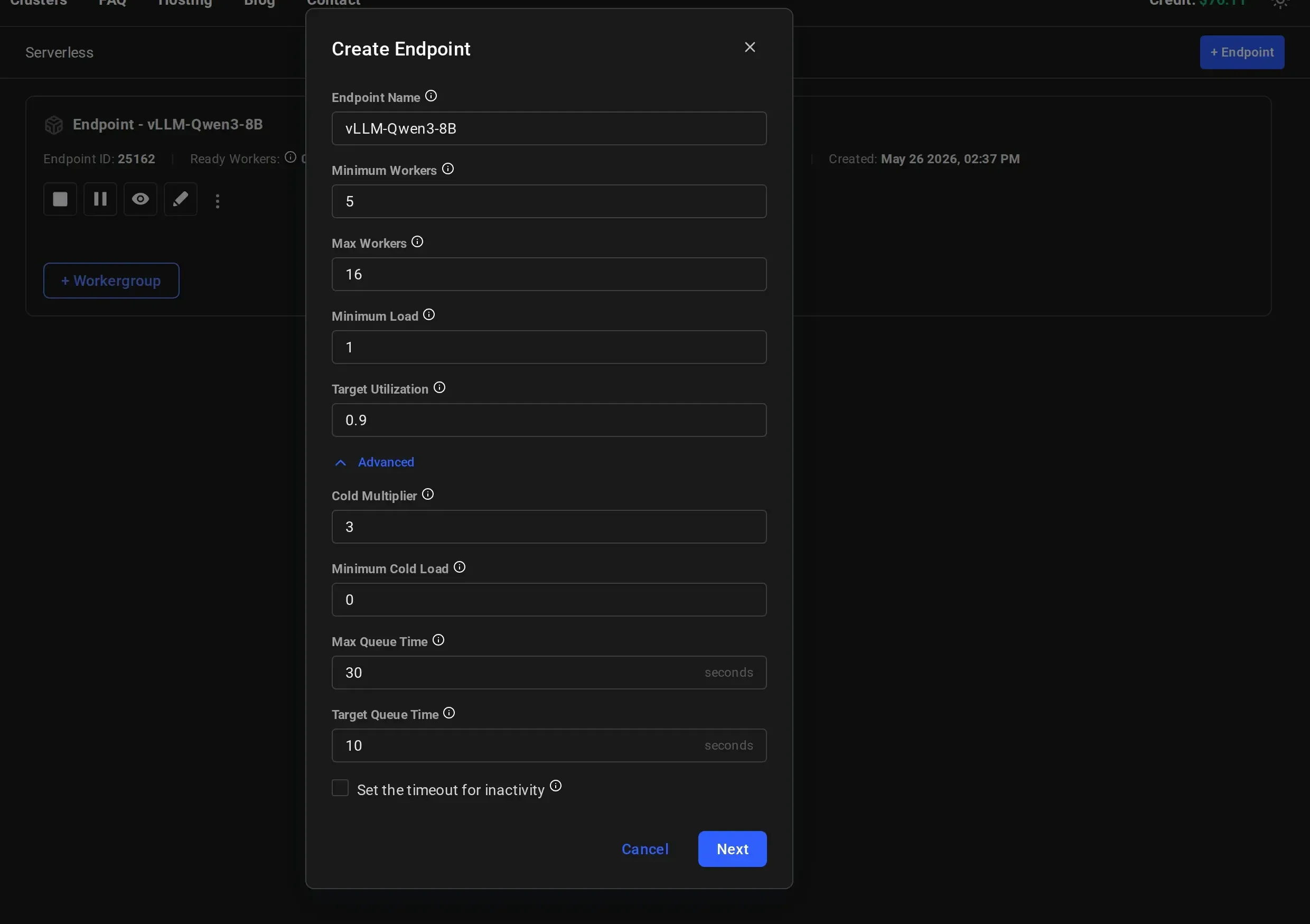 Create Endpoint advanced parameters
