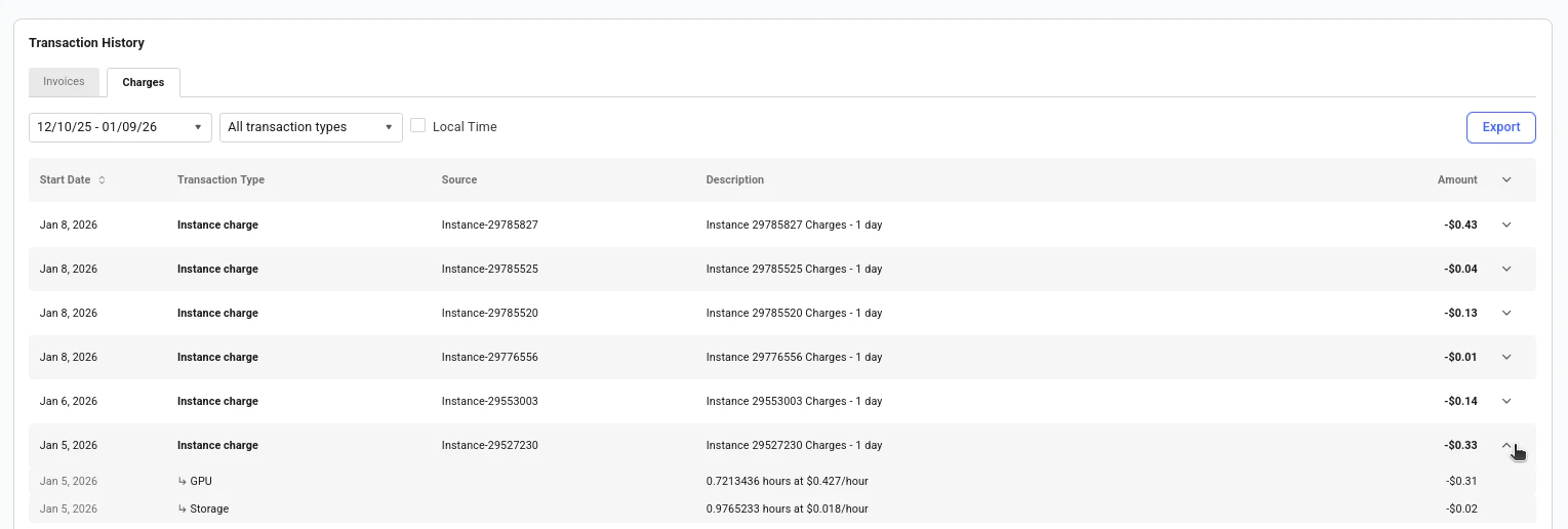 Charges tab of the Transaction History table