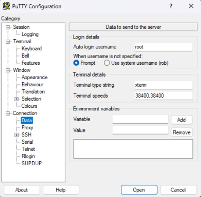 Connection data tab