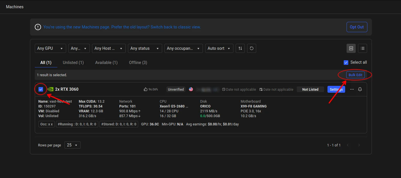 Machines page with a machine checked and the Bulk Edit button in the selection bar