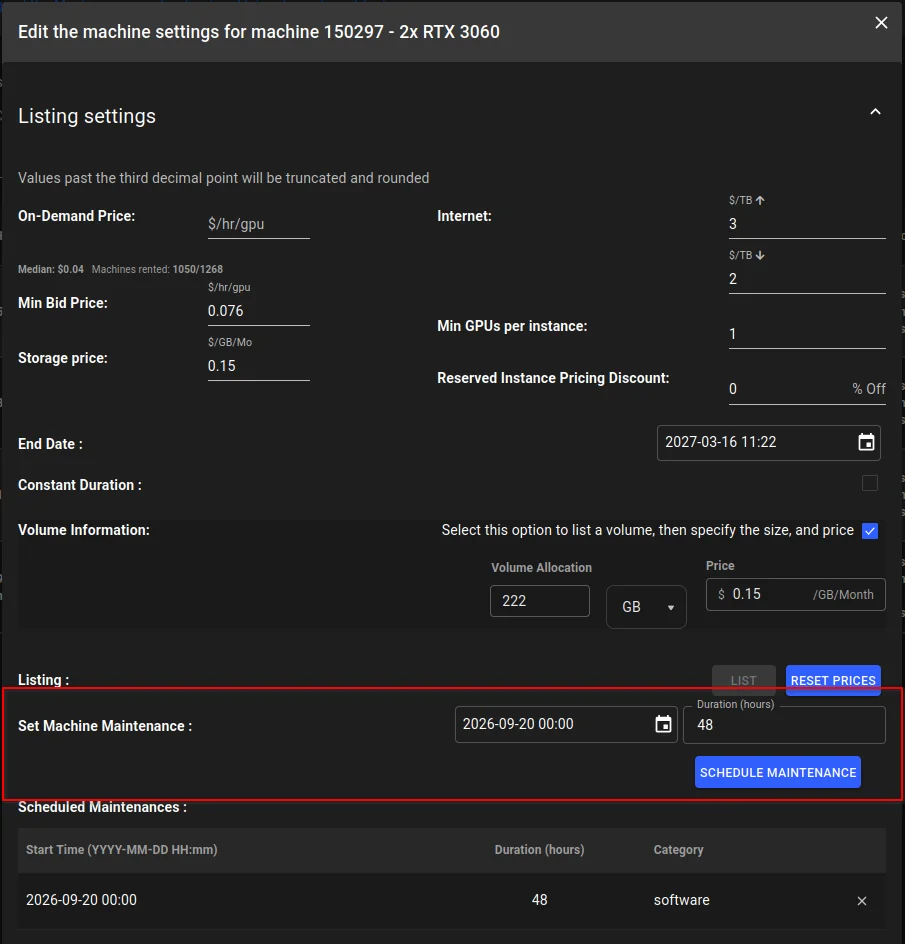 Set Machine Maintenance section of the classic machine settings dialog