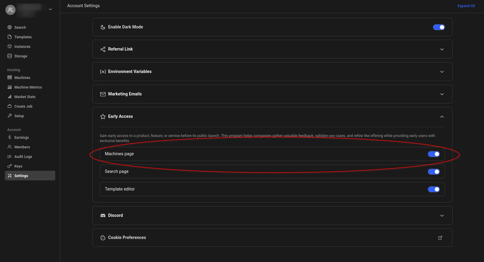 Early Access section of Account Settings with the Machines page toggle