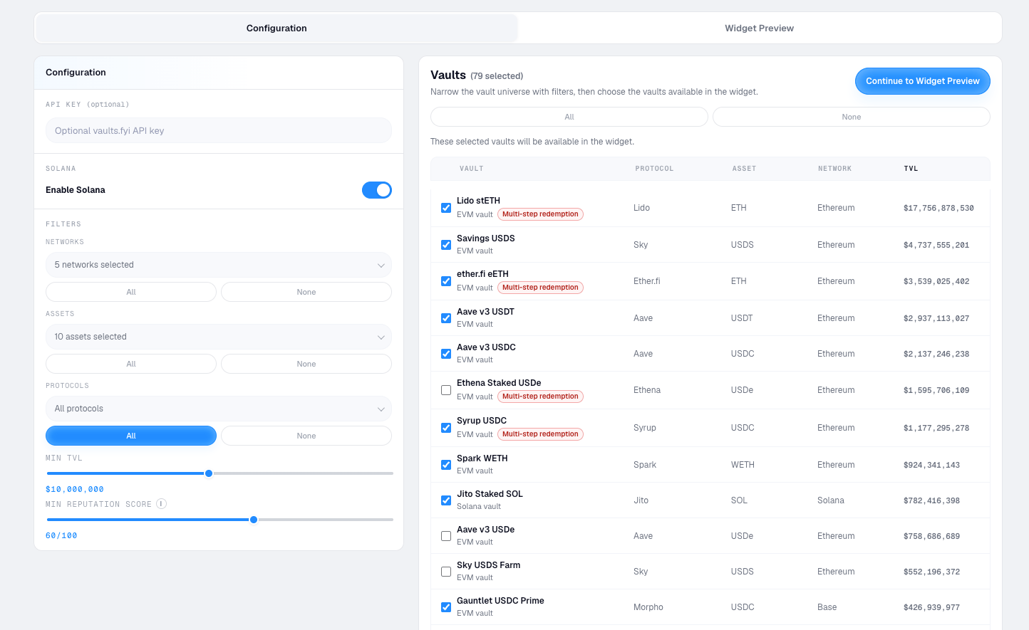 Widget configuration screen showing filters for Solana, networks, assets, protocols, minimum TVL, and reputation score