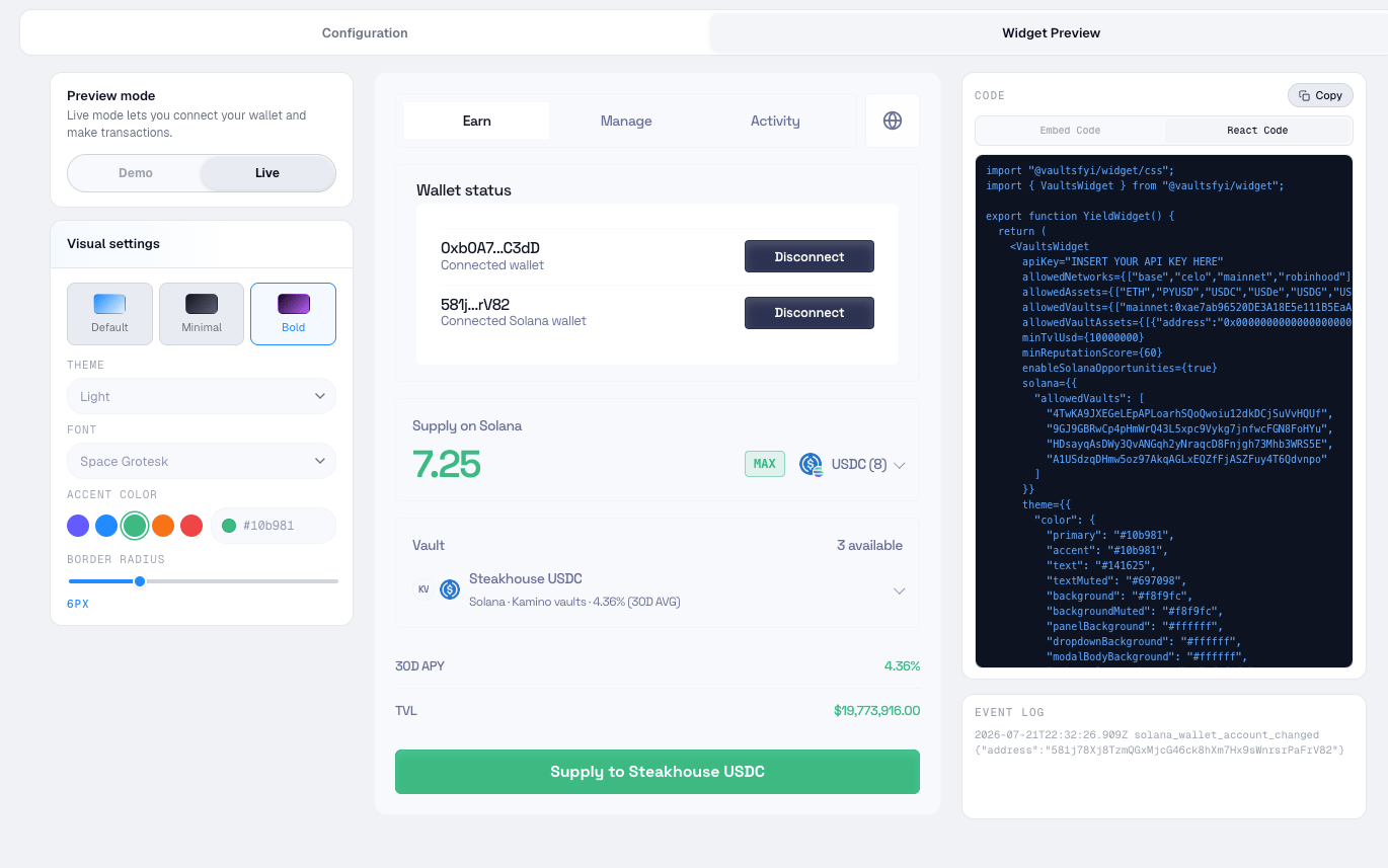Widget preview showing live mode, brand styling controls, React embed code, and event log