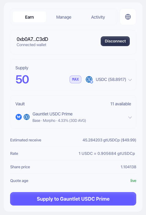Embeddable widget deposit screen configured for a Gauntlet USDC vault on Base