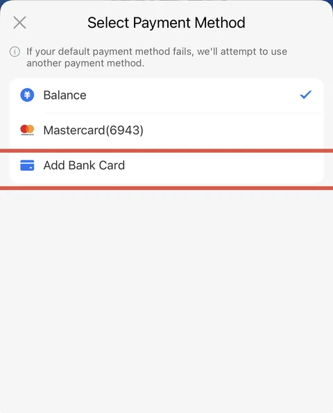 Окно выбора способа оплаты с пунктом Add Bank Card