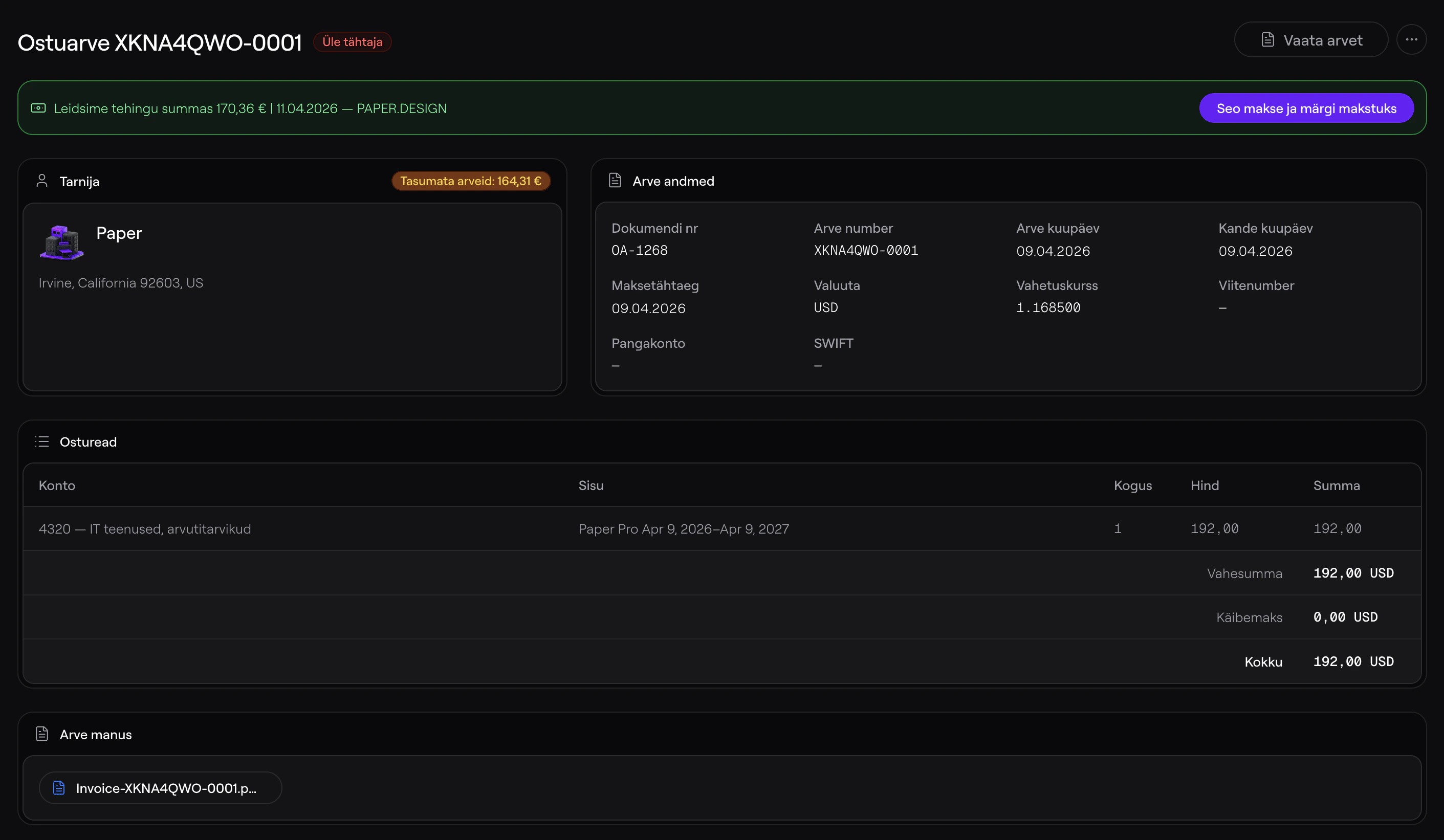 Leidsime tehingu summas 170,36 €