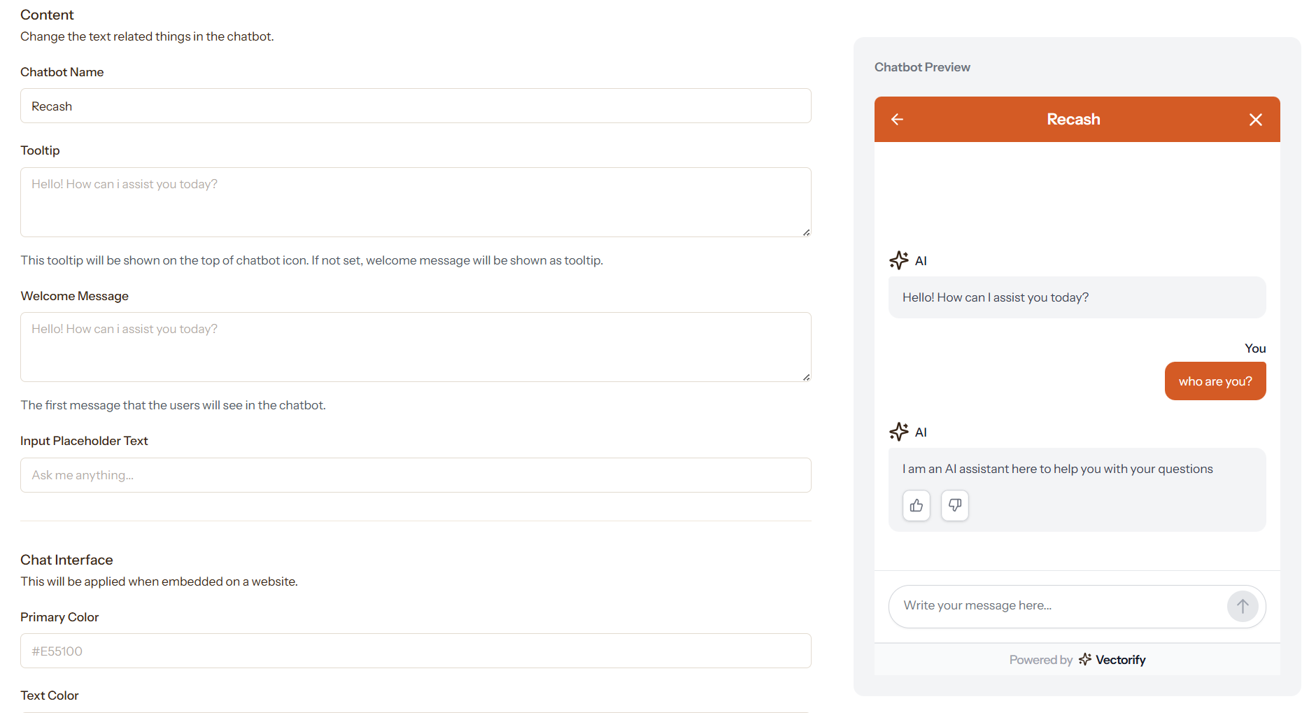 Vectorify Chatbot Settings Pn