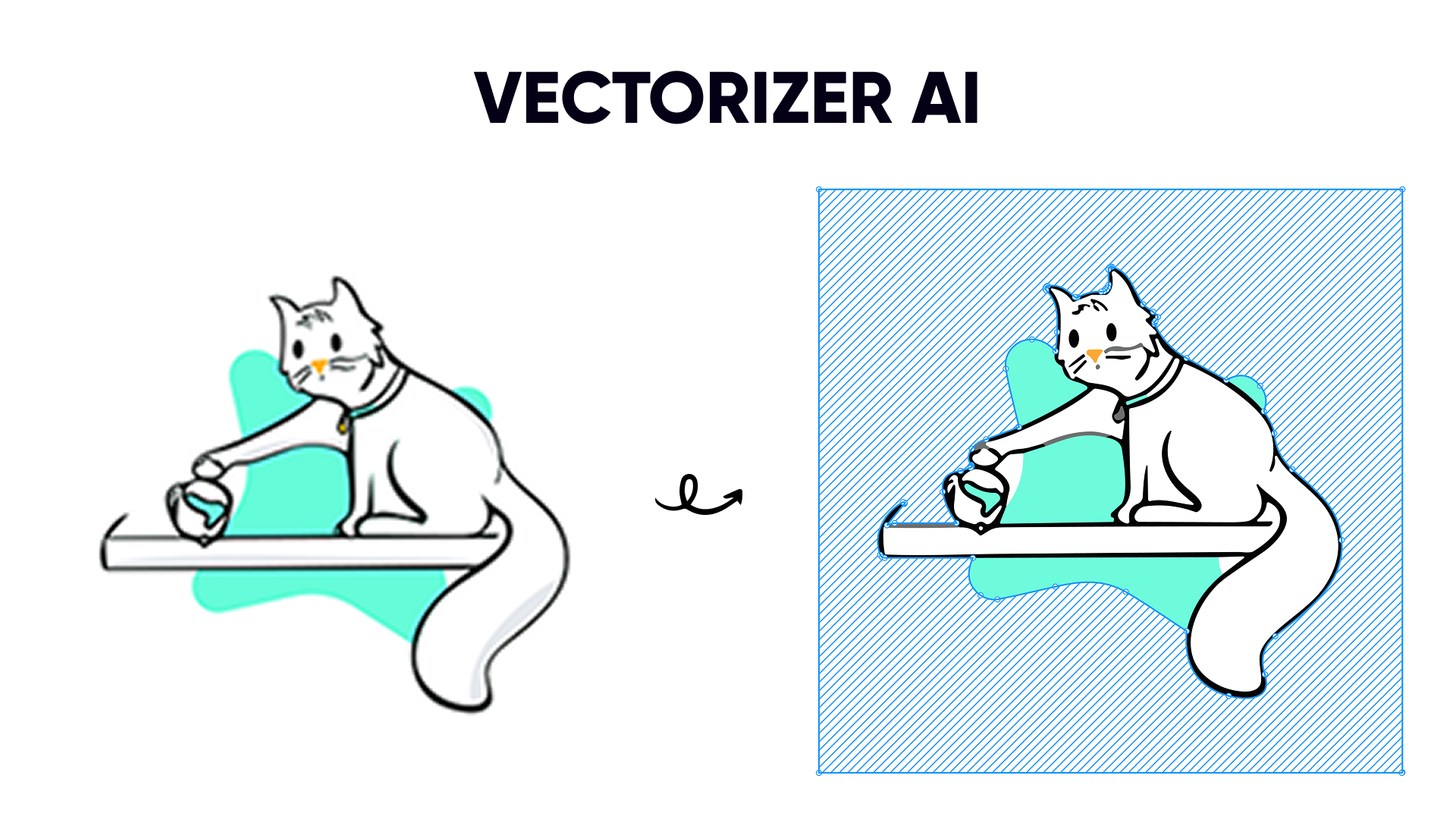 Transform bitmaps into vectors with AI - before and after comparison showing a cat illustration