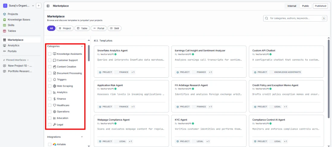 Categories section with checkboxes for each template category