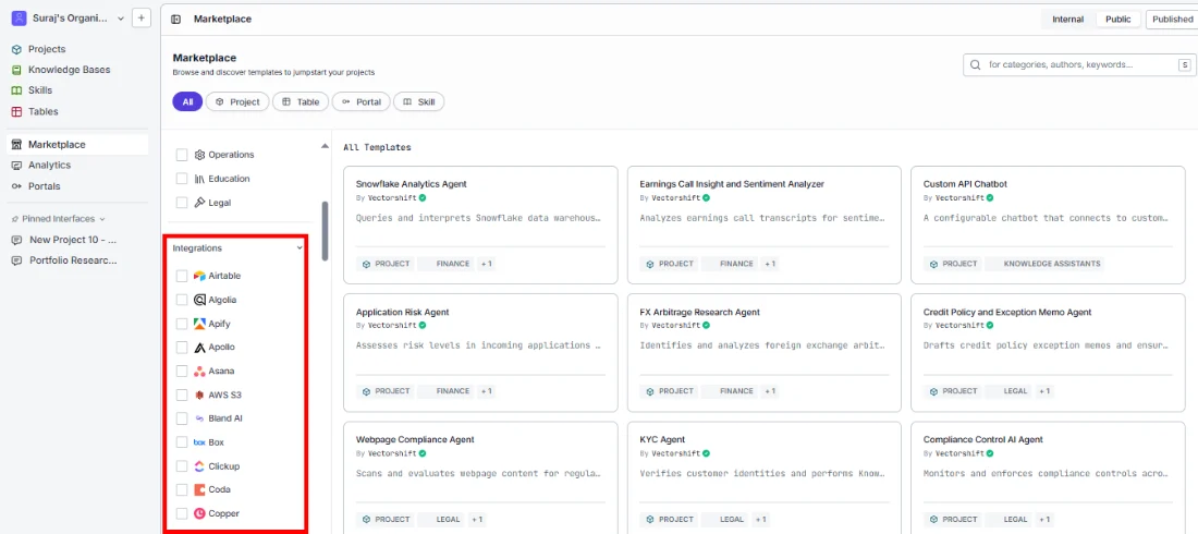 Integrations section listing third-party services like Airtable, Algolia, and more