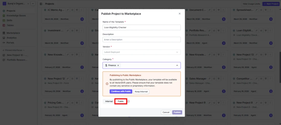 Publish dialog showing the Public visibility confirmation warning