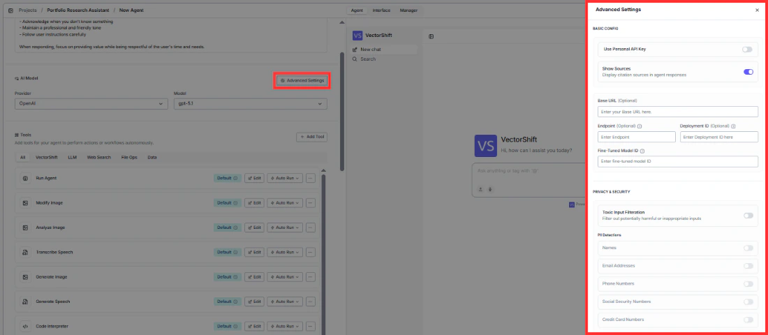 Advanced settings panel