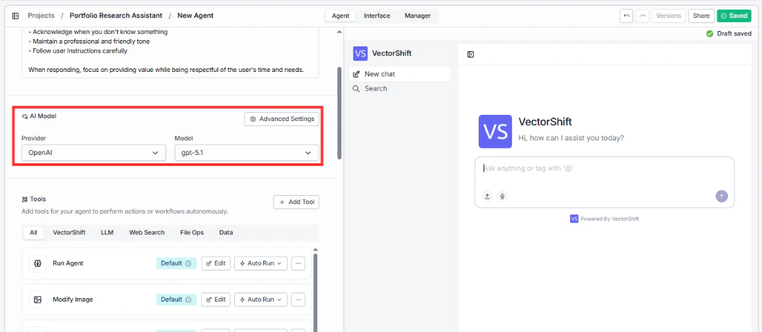 AI Model provider and model selection