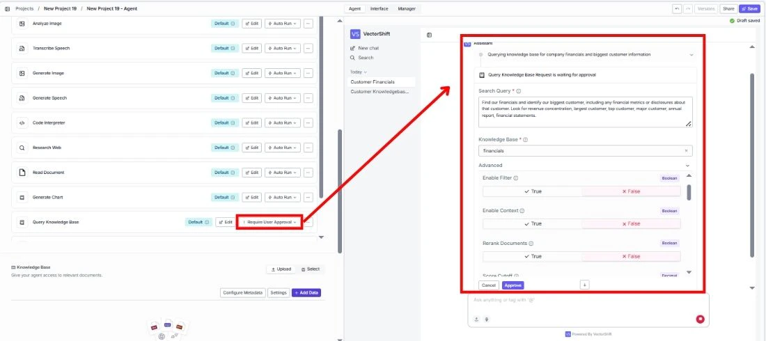 Approval flow showing Query Knowledge Base request waiting for user approval with editable search query and knowledge base fields