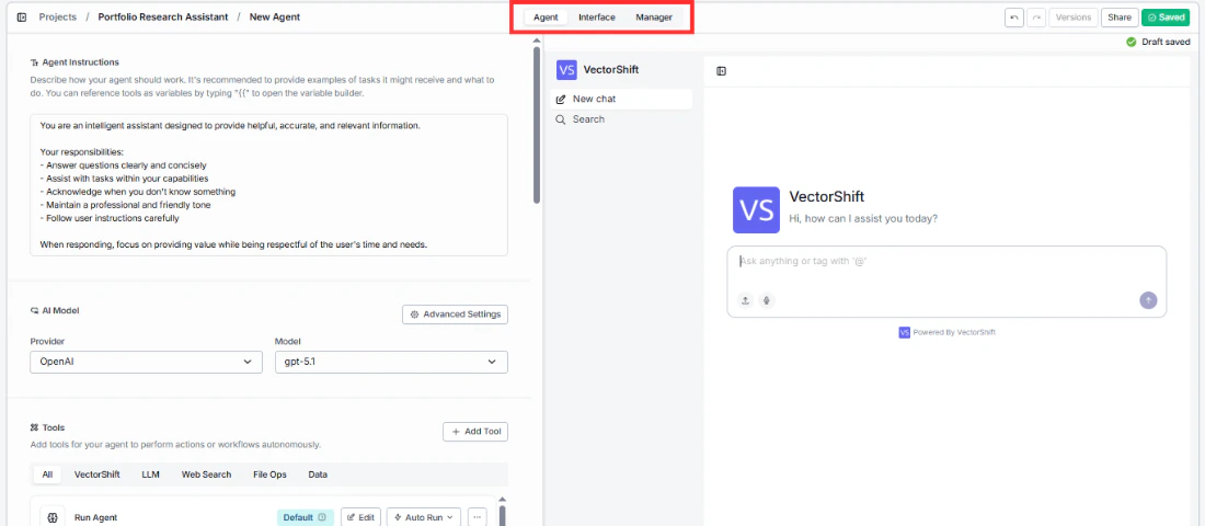 Agent, Interface, and Manager tabs
