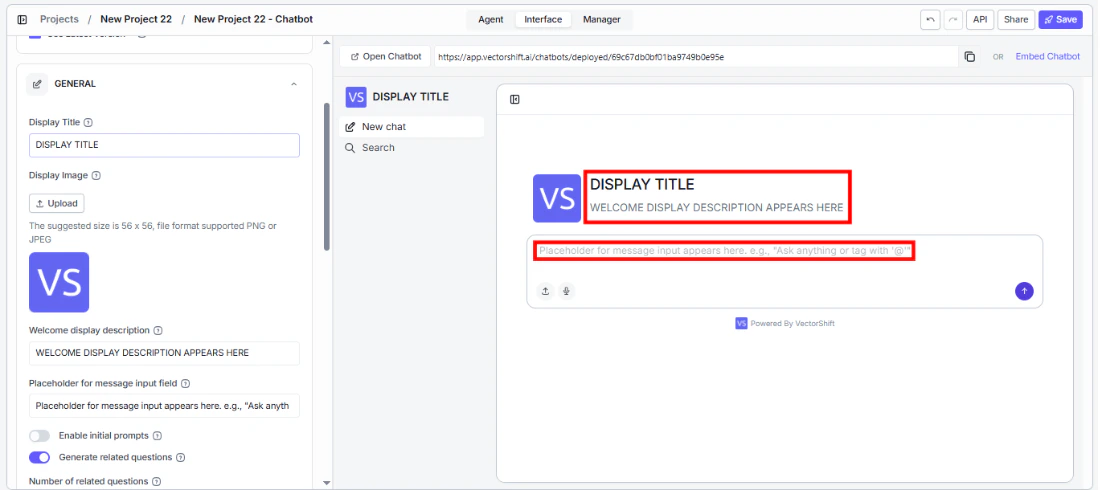Display title, welcome description, and input placeholder settings