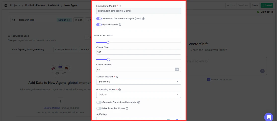 Knowledge Base settings panel