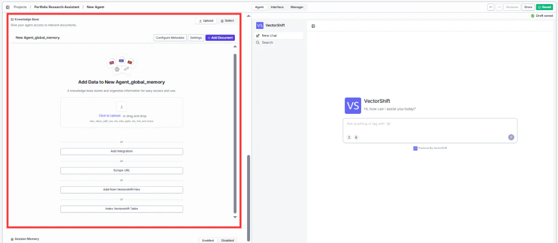 Knowledge Base section in the Agent builder