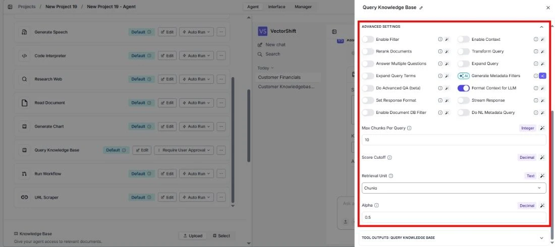 Advanced settings panel showing retrieval options like Enable Filter, Rerank Documents, Max Chunks Per Query, and more