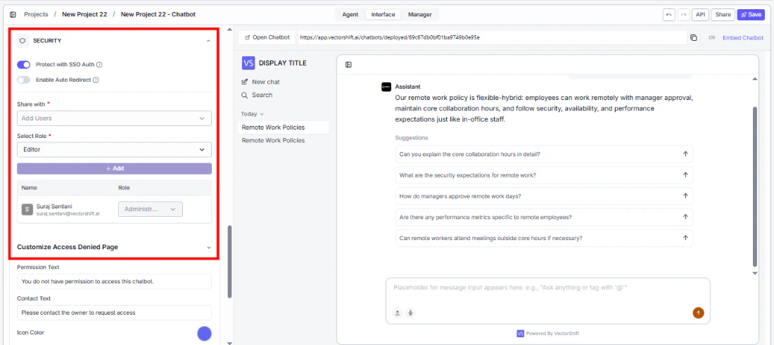 SSO authentication and access denied page settings