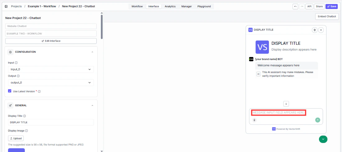Placeholder for message input field in the General panel