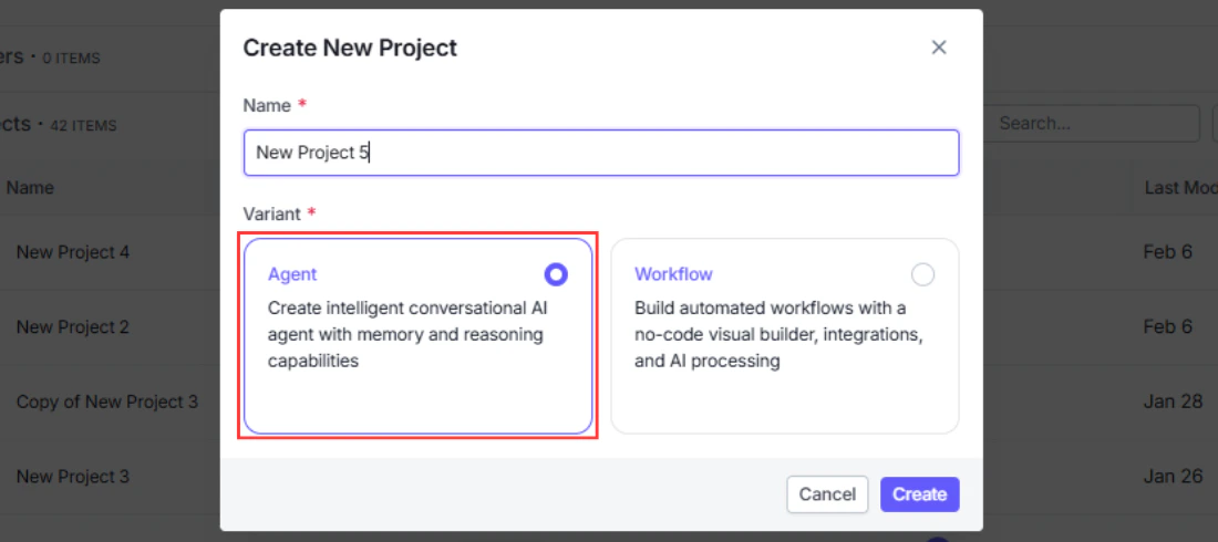 Creating a new Agent project in VectorShift