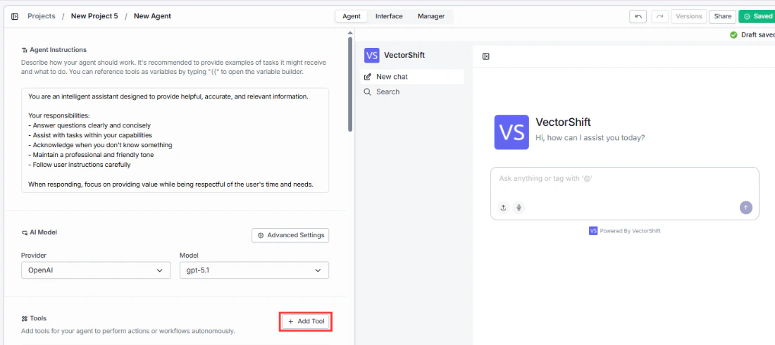 Adding tools to the Agent in the Agent editor