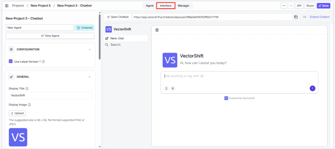 Navigating to the Interface tab to configure the chatbot